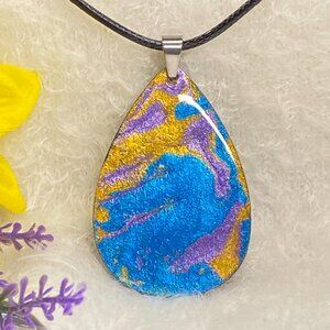 Hand Painted Iridescent Tear Drop Pendant Necklace